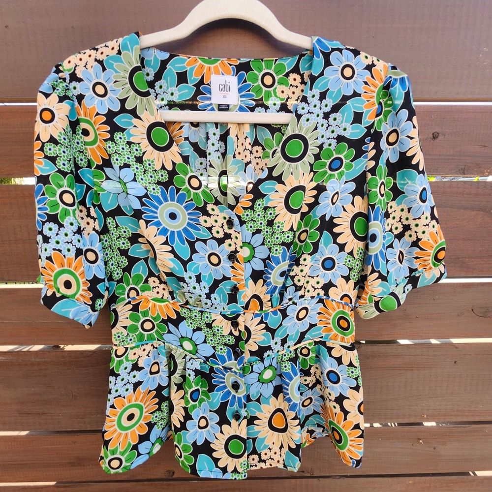 Cabi Mod Floral Peplum Blouse Vintage Style‎ Retro Workwear Cottagecore (XS)